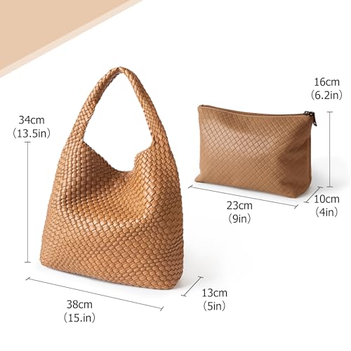 Joryin Woven Tote Bag with Purse for Women, Vegan Leather Hand Woven Shoulder Top-handle Bag, Fashion Handmade Beach Travel Knotted Woven Handbag, Brown